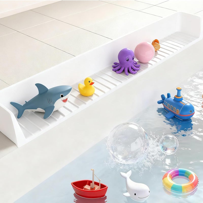 XHMAXE Longer Bath Tub Splash Guard for Kids,Silicone Bathtub Splash Buard,Bath Tub Play Shelf,Prevent Water Spills in Bathroom,Fun-Filled Bath Time for Toddlers(White) - Image 1